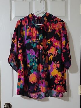 SHEIN Black Multicolor Abstract Tie-Neck Blouse
